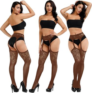 DRESHOW 6 пар мереживних панчіх з високою талією: чорні, сірі, кавові, темно-сині, білі, бордові