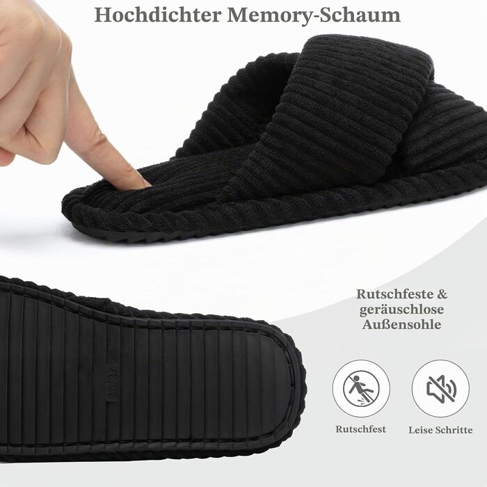Жіночі домашні капці GOEWY з ефектом пам'яті (Memory Foam), текстильні шльопанці з відкритим носком та антиковзальною підошвою, чорні, розмір 44/45 EU