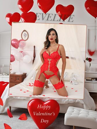 Даен Дессо Сета Сексі Кружево Бабідол Комплект Сексуальної Білизни 3-частинний: Боді, бюстгальтер з кісточками та трусики, смугастий пояс на стегнах, без панчіх, S-XXL (Червоний, XXL)