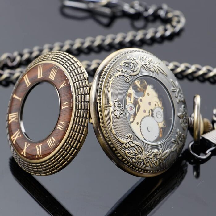 Скелетон кишеньковий механічний годинник Tiong Vintage Steampunk з ланцюжком, римські цифри, бронзовий колір (у подарунковій коробці)