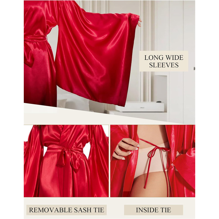 Кимоно жіноче шовкове для вечірки, весілля, нічної сорочки, халат з атласу, великі розміри (червоний, M)