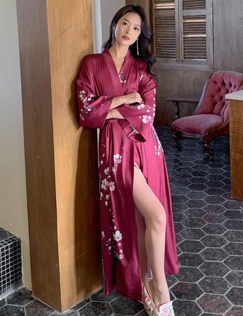 Жіночий халат з довгим рукавом з шовку, сатин, кімоно, квітковий принт, універсальний розмір (квіт павловнія, винний)