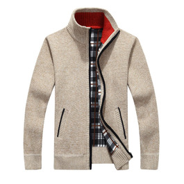 Чоловічий повсякденний кардиган на блискавці Slim Fit, теплий в'язаний светр-жакет зі стійким коміром та кишенями, Khaki, розмір M