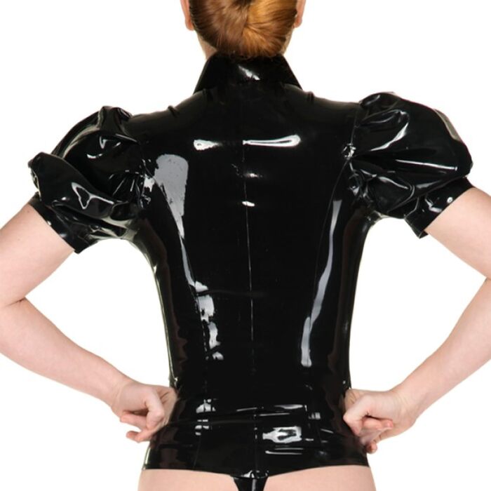 Жіноча футболка з натурального латексу, чорна, з рукавами-пуфами, на блискавку, ручної роботи, для косплею та костюмів