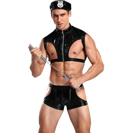 Чоловічий сексуальний костюм поліцейського з імітації шкіри, комбінезон Onesie, для косплею та сцени