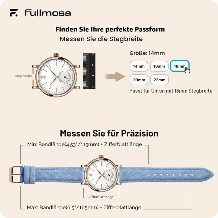 Ремінець Fullmosa зі шкіри для Garmin Vivoactive 6/5/4, Venu SQ та Samsung Galaxy Watch 7/6/5/4/FE/Classic (18мм, світло-блакитний з рожево-золотистим замком)