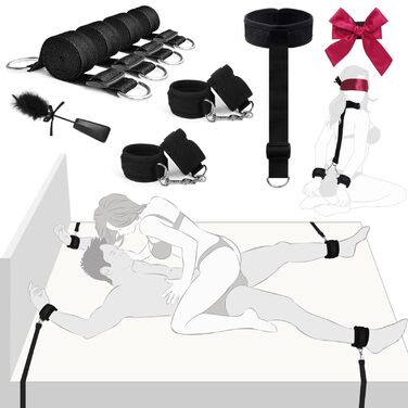 Набір для БДСМ-фетишу: комплект для пар, з наручниками, фіксаторами для ніг, пов'язкою на очі та пір'ям. Регульовані фіксатори від шиї до зап'ястя. Чорний колір.