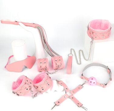 Набір для БДСМ для пар (7 предметів): плюшеві наручники, пов'язка на очі, батіг, пристосування для фіксації рота, іграшки для дорослих (рожевий)