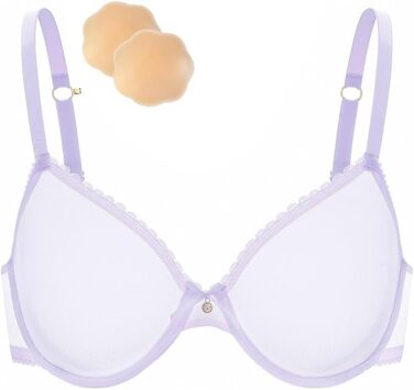 Жіночий бюстгальтер Wingslove з ефектом прозорості, без пуш-ап, мереживний, з силіконовими накладками на соски (80D, світло-фіолетовий)