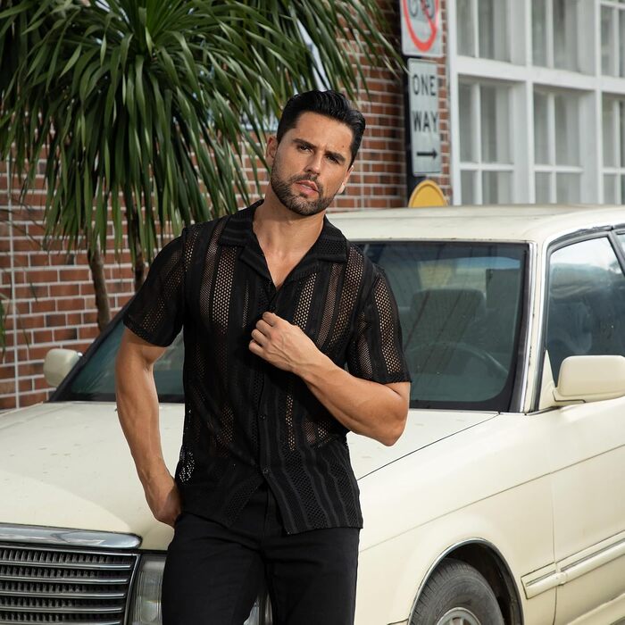 Чоловіча прозора сорочка-сітка Abehik з короткими рукавами для клубів, вечірок, святкування - чорна