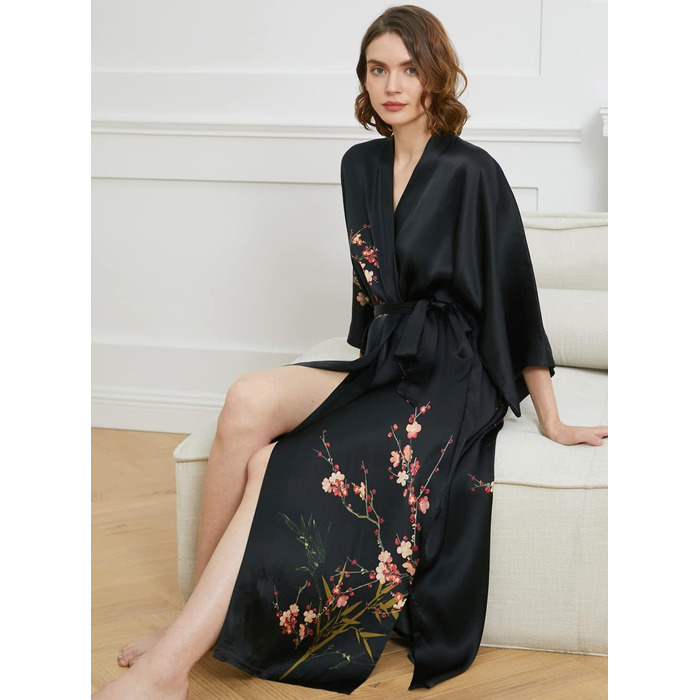 Шовковий халат-кімоно Ledamon для жінок, 100% шовк, квітковий дизайн, універсальний розмір, чорний колір