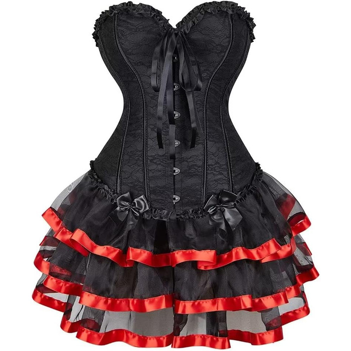 Сукня-корсет з корсетом, спідницею та корсажем, мереживо, шнурівка, вінтажний стиль, чорно-червоний (XXS)