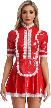 Костюм горничної FEESHOW з вологого блиску, сукня та фартух, французький костюм служниці, карнавальний костюм, костюм для вечірки (XXL, Червоний)