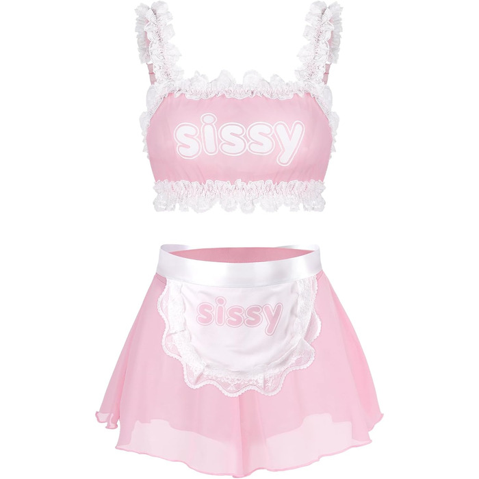 Комплект жіночої/чоловічої нижньої білизни LittleForBig з прозорого мережива: бра, труси, спідниця знімною зав'язкою (M, Рожевий)