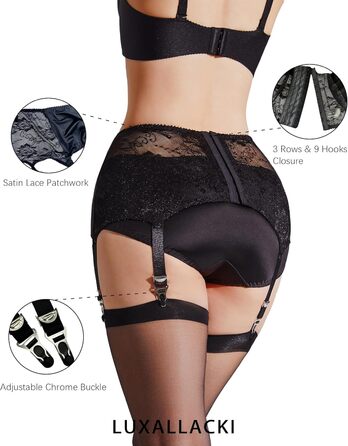 Чорний британський поясок на шнурках Luxallacki з 6 ремінцями, квітковою мереживом та металевими застібками, розмір 42