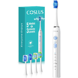 Професійна електрична сонічна зубна щітка COSLUS C30, 5 режимів та 3 рівні інтенсивності, водонепроникна IPX7, акумулятор на 30 днів, біла, з 2 типами насадок