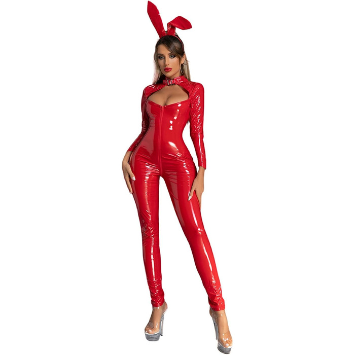 Сексуальний костюм-комбінезон з латексу/шкіри для жінок, відкритий крок, червоний (M)