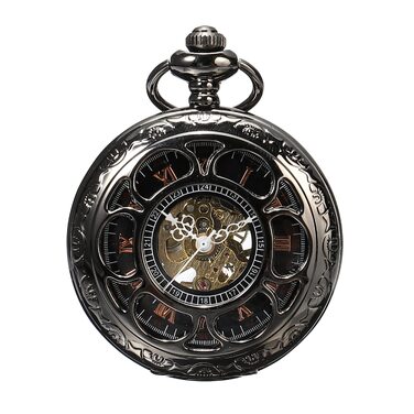 Чоловічий кишеньковий годинник ShoppeWatch з ланцюжком, механічний з ручним заводом, вінтажний стиль стімпанк (чорний)