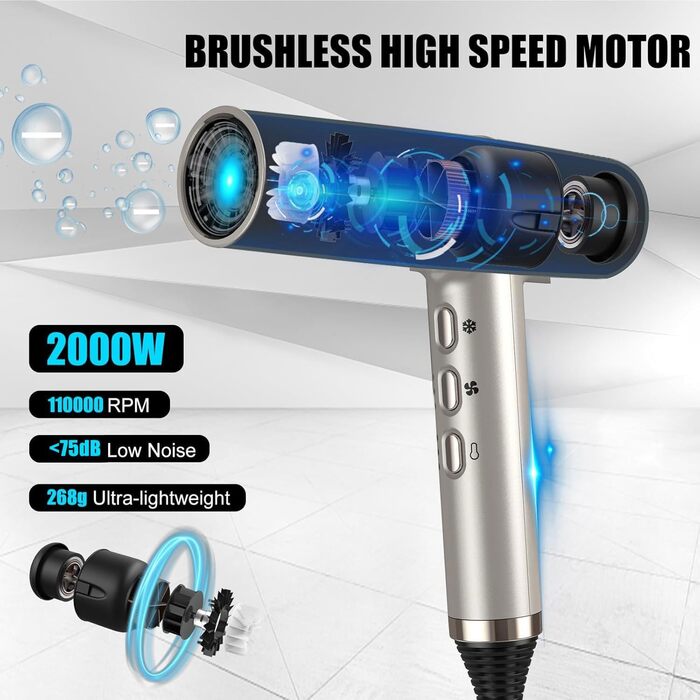 Професійний фен для волосся slopehill 2000W, 110000 RPM, іонізація OxyActive, LED-дисплей, легкий (Champagner Gold)