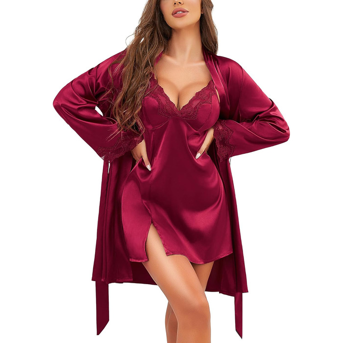 Комплект ніжної піжами RSLOVE Daen Satin з мереживом: халат та трусики (бордовий, L)