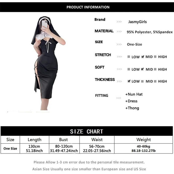 Костюм для косплею JasmyGirls: Костюм черниці, дівочий набір, чорне довге плаття з розрізом, для Хелловіну, ролеві ігри, розмір XS-M