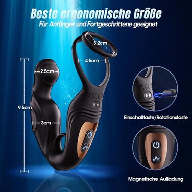 Вібратор анальний для чоловіків з простатичною стимуляцією, 360° обертання, 9 режимів вібрації, кільце для пеніса, керування через додаток