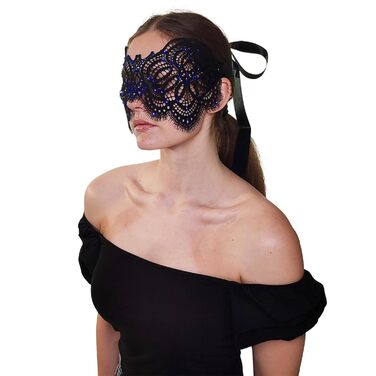 Чорна маска з мереживом та блакитними стразами для жінок - венеціанська маска для маскараду, карнавалу, Хелловіну, вечірки, Фашінгу, костюмного балу, ручної роботи, елегантна маска для очей чорного кольору (з блакитними стразами)