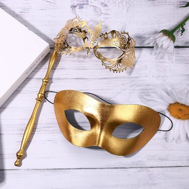 Маска для карнавалу та Хелловіну JewelryWe венеціанська пара з держаком, металева, зі стразами (Золота)