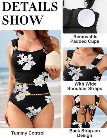 Світшот купальник жіночий цілісний з животом Push Up, вінтажний, великий розмір, чорний з білими квітами
