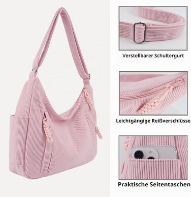 Жіноча сумка-шопер через плече Cord Tote Bag, велика сумка-хобо для роботи та навчання, вельветова сумка з регульованим ременем (рожева, універсальний розмір)
