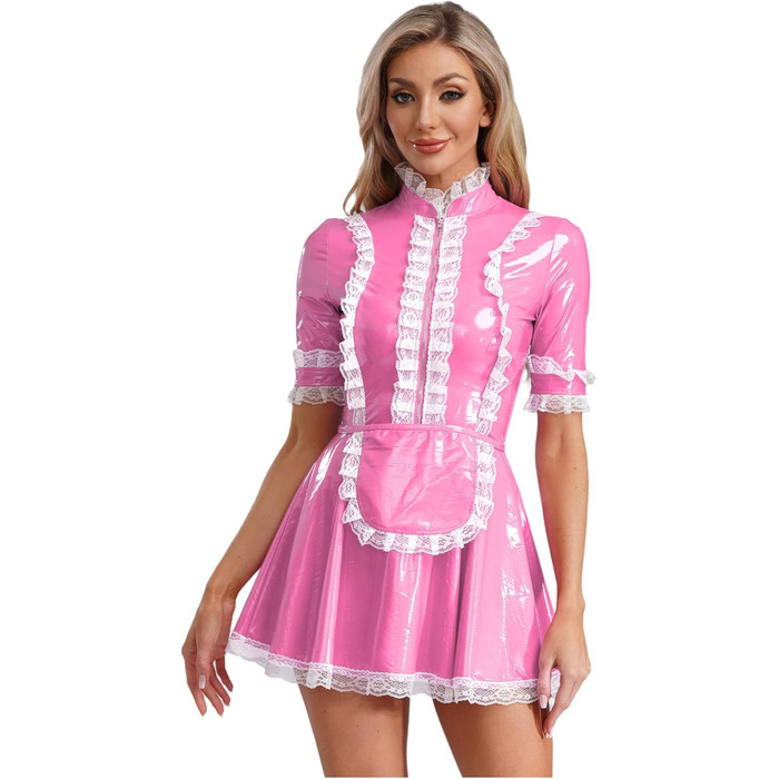 Костюм горничної FEESHOW з вологого блиску, комплект спідниці та фартуха, костюм французької горничної, карнавальний костюм, рожевий, розмір XXL