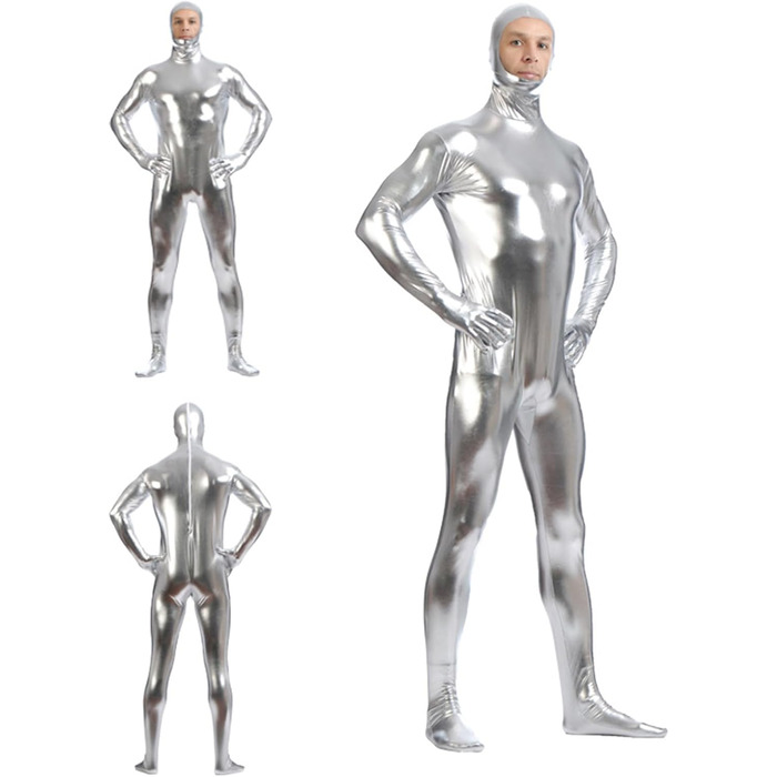 Сексуальний латексний catsuit з відкритим обличчям, блискавка, комбінезон для клубу, Хелловін, срібний, L