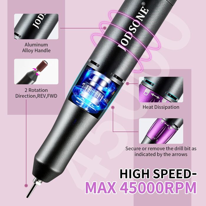 Професійний апарат для манікюру та педикюру JODSONE, 45000 об/хв, акумуляторна електрична пилка для зняття гель-лаку, низький рівень шуму, портативний набір для дому та салону