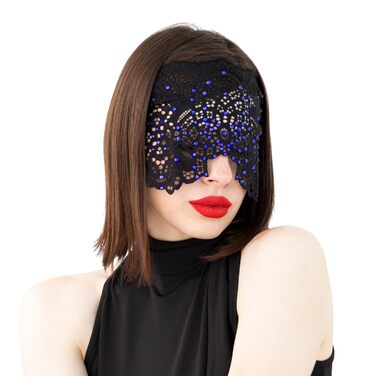 Ручна вишита мереживна маска на обличчя з каміння для жінок, чорна маска для маскараду, балу, карнавалу, весілля, бурлеску, косплею, Марді Гра (чорний колір з блакитними камінцями)