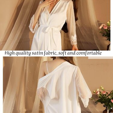 Шовковий халат-кімоно Lang Satin Sexy для жінок: елегантний халат з мереживом та паєтками для вечірки, весілля, нареченої або дружки. Довгі рукави, Patchwork, ніжні кольори.