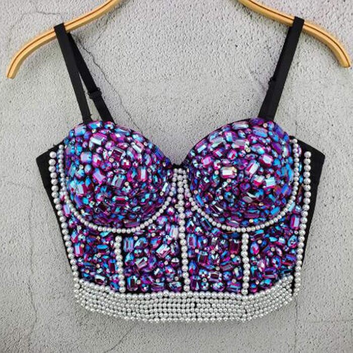 Жіночий бюстгальтер-корсет Push Up з детальним оздобленням стразами та діамантами, готичний стиль, знімні бретелі, для вечірок, Cubwear (XS, Синій)