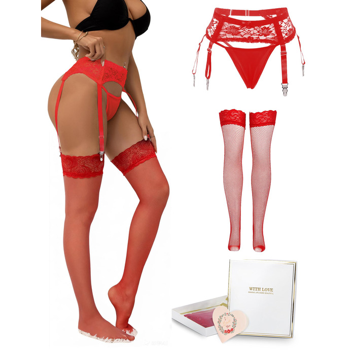 Жіночі мереживні стрінг-тримачі для панчіх з широким поясом та 4 кліпсами, сексуальні стрінг-тримачі великих розмірів, прозома білизна, жіночий набір, регульовані стрінг-тримачі з танго, галстук для панчіх, підвіски (M-L, 2шт - червоний стрінг-тримач + па