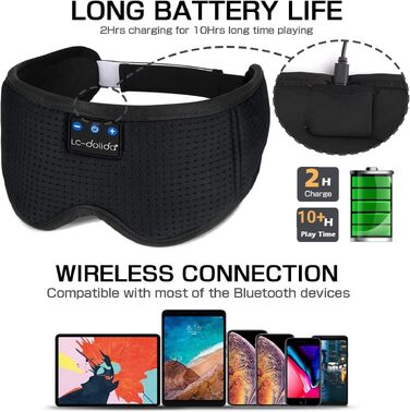 Маска для сну з Bluetooth-навушниками LC-dolida V5.4, дихаюча бавовняна маска для очей з мікрофоном для подорожей, йоги та медитації, HiFi-звук, 15 годин роботи (матовий чорний)