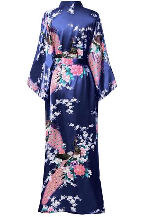 Халат жіночий довгий шовковий атласний, кімоно з принтом павича, BABEYOND, для дому, вечірки, універсальний розмір, білий/темно-синій