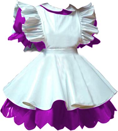 Латексне міні-плаття з PVC для жінок, ефект мокрого блиску, короткі рукава-ліхтарики, костюм служниці, фартух (XL, фіолетово-рожевий)