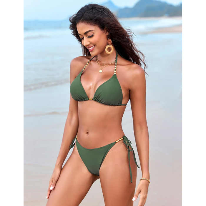Бікіні Triangel Daen з золотими перлами, топ-халтер з підтримкою та трусики-стрінг на зав'язки (ХAKI, XL)