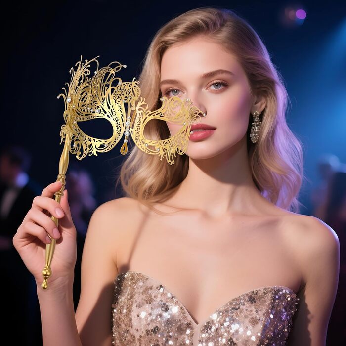Венеціанська маска JewelryWe з держаком для жінок, металева маска з стразами для маскараду, аксесуар для костюма на Хелловін, карнавал, вечірку, бал (Золота)