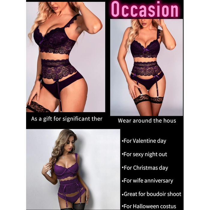 ЕVELIFE Комплект нижньої білизни для жінок: бюстгальтер та труси (3 шт.) - мереживний комплект, висока талія, стрінги (36, фіолетовий)