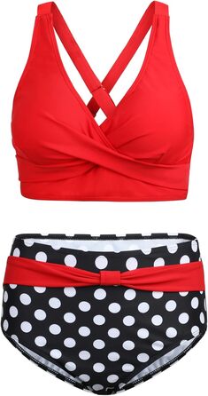 Жіночий двочастинний купальник Adigaber з V-подібним вирізом, квітковий принт, бікіні з животом, комплект L, червоні та чорні крапки