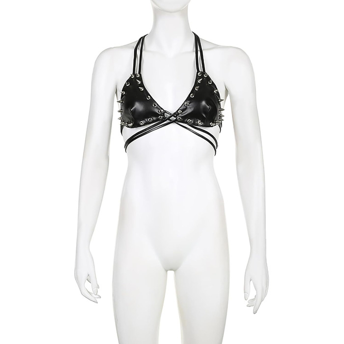 Топ FlyCC Rave з PU-шкіри для жінок: бралетт, рімінці, кроп-топ, ідеально для вечірок, танців та музичних фестивалів (чорний)