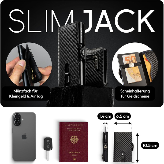 Чоловічий смарт-гаманець SLIMJACK з RFID-захистом, монетницею та тримачем для карток з алюмінію та шкіри (Carbon)
