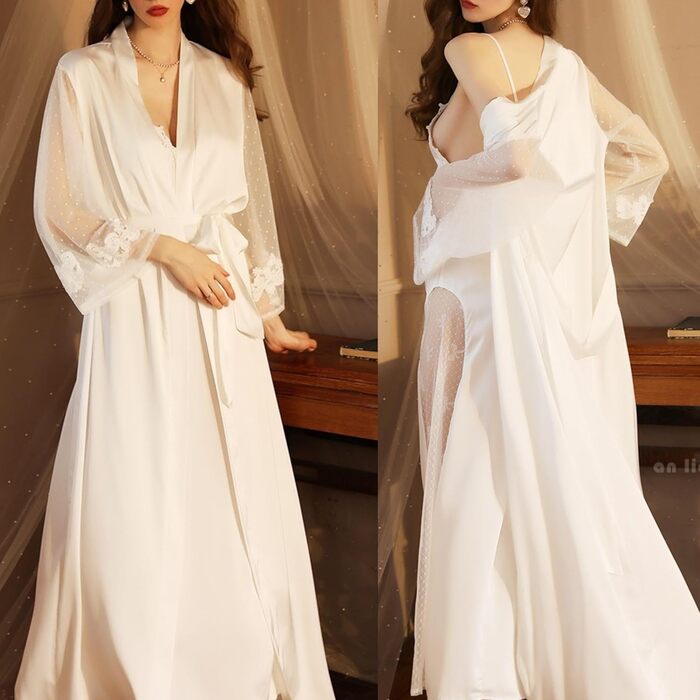 Шовковий халат-кімоно Lang Satin Sexy для жінок: елегантний халат з мереживом та паєтками для вечірки, весілля, нареченої або дружки. Довгі рукави, Patchwork, ніжні кольори.