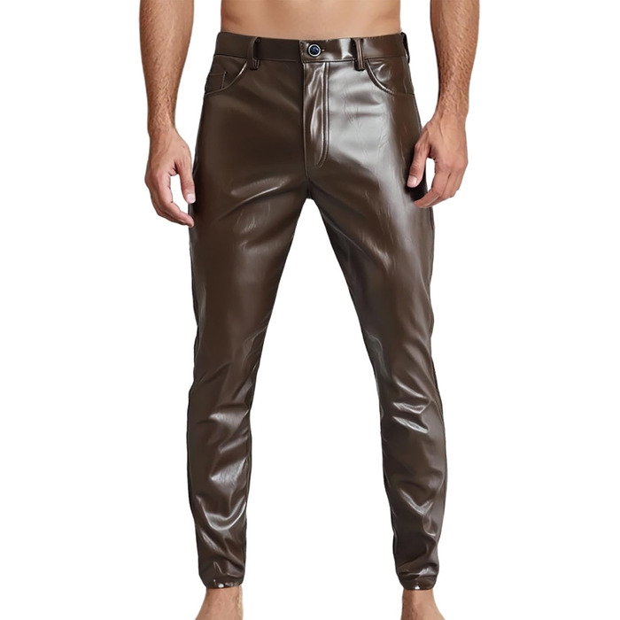 Штани-легінси для чоловіків з еластичної шкірозамінника Wetlook, Slim fit, для мотоциклів, клубів, вечірок, коричневі, розмір 36