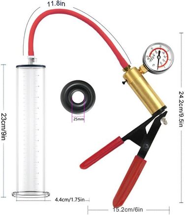 Ручна вакуумна помпа для збільшення пеніса з манометром та металевою ручкою – для збільшення, ерекції та тренування витривалості, прозора помпа для чоловіків (23 * 6.4cm) (23*4.4cm)
