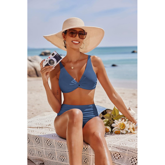 Бікіні Ekouaer для жінок: комплект з високою талією, push-up, двокомпонентний купальник (темно-синій, L)